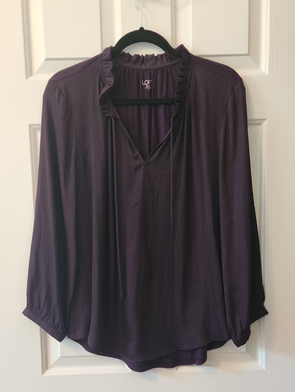 LOFT Plum Ruffle-Tie Long Sleeve Mixed Media Blouse With Tie